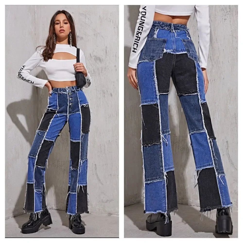 Shein Patchwork Distressed Black & Blue Denim High Waist Button Fly Flare Jeans
